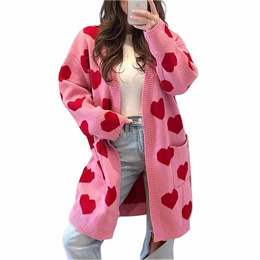 Talulah Pink Cardigan with Red Heart Pattern